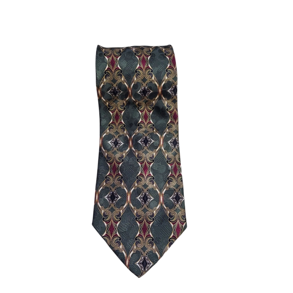 Vintage Pavia Made in Italy Silk Tie Ornate Green Red Gold Geometric Pattern